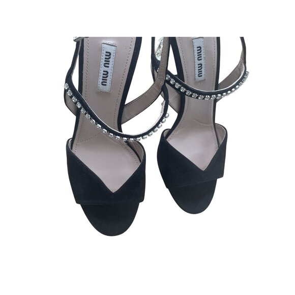 Miu Miu Black Suede Heels With Rhinestone Detail & Crystal Studded Block Heel Wo - Picture 5 of 10